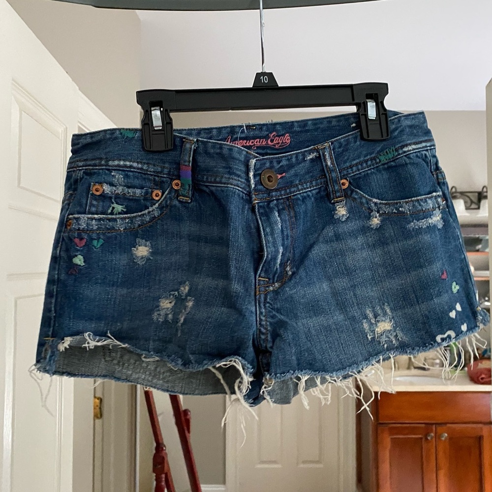 Anerican Eagle Jean Shorts with heart stitching.